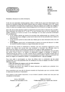 Courrier d’appel à mobilisation des entreprises - Stage de 3ème - Préfecture du Bas-Rhin & Association D-Clic